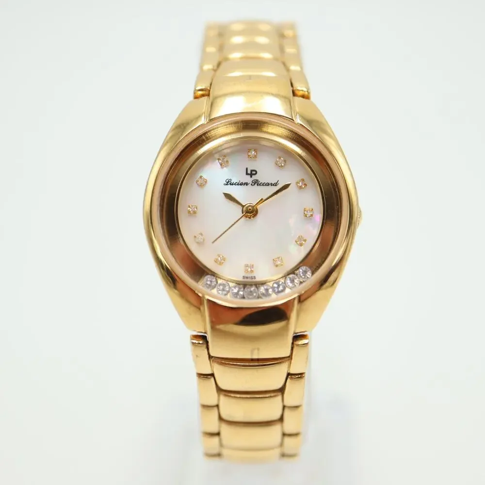 Lucien Piccard Gold Tone Womens Watch 26mm Swiss Sapphire Crystal Float Diamonds
